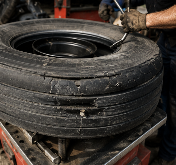 Tire mounted on professional service equipment