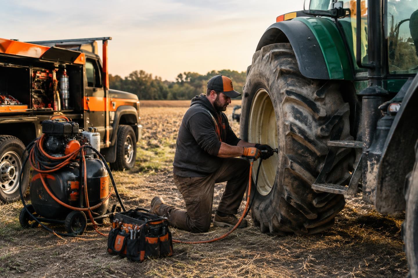 Technician servicing a tractor tire